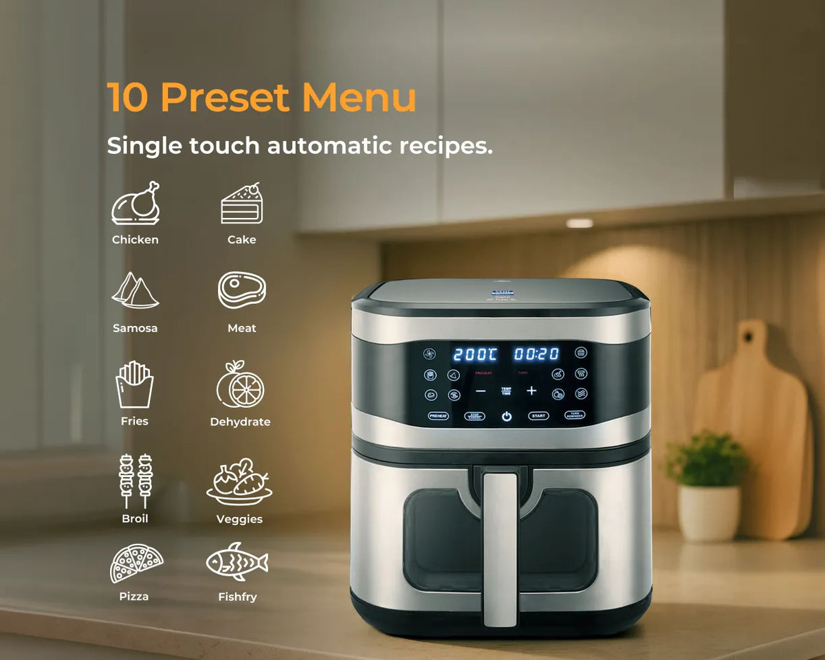 Kent Digital Air Fryer 8L from Kent RO Systems, featuring a sleek design with digital controls and a spacious capacity for healthy cooking.