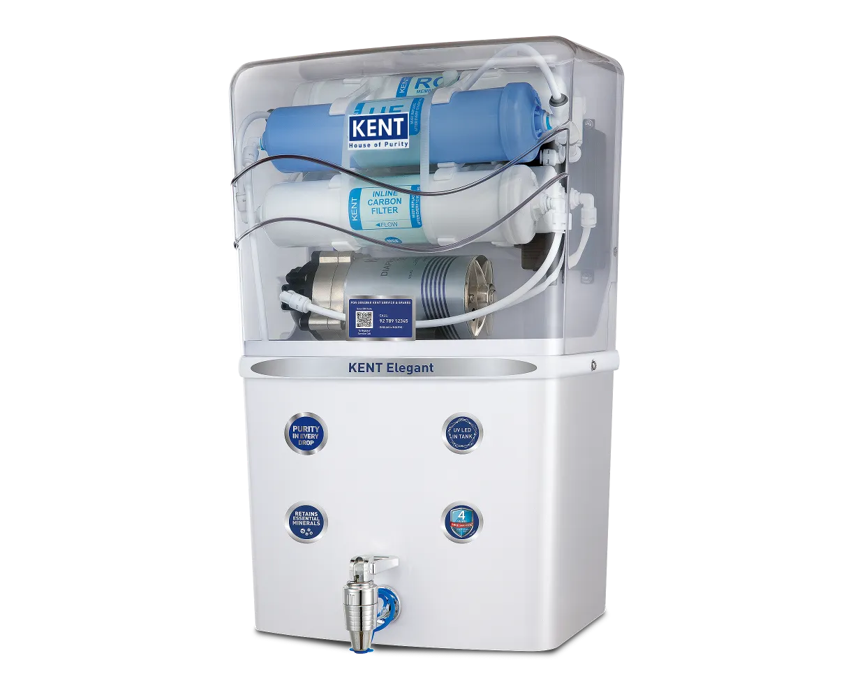 Kent Elegant RO Water Purifier from Kent RO Systems with sleek design and clear water output in a modern kitchen setting.