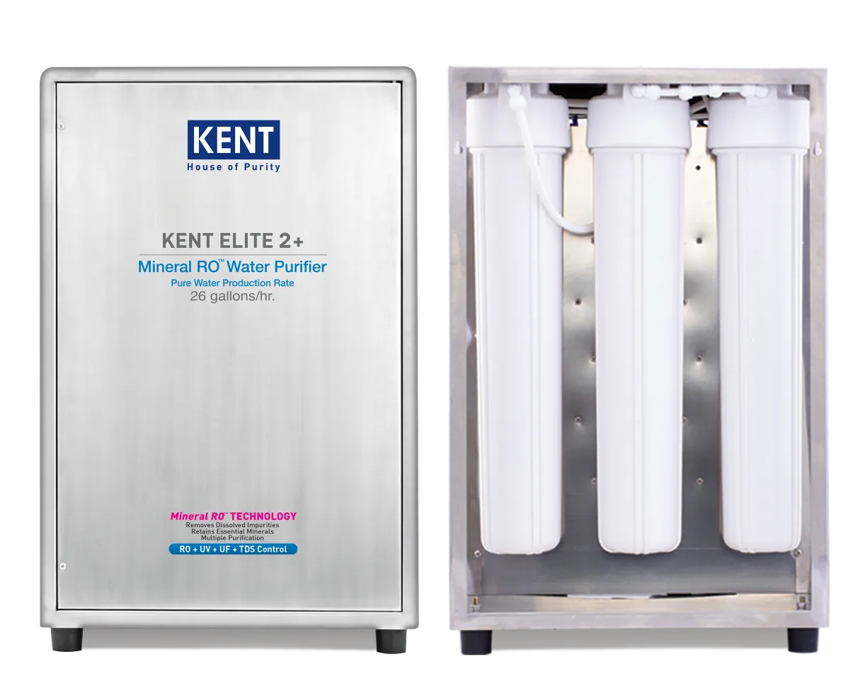 Kent Elite 2+ water purifier by Kent RO Systems, showcasing its sleek design and filtration system in a modern kitchen setting.
