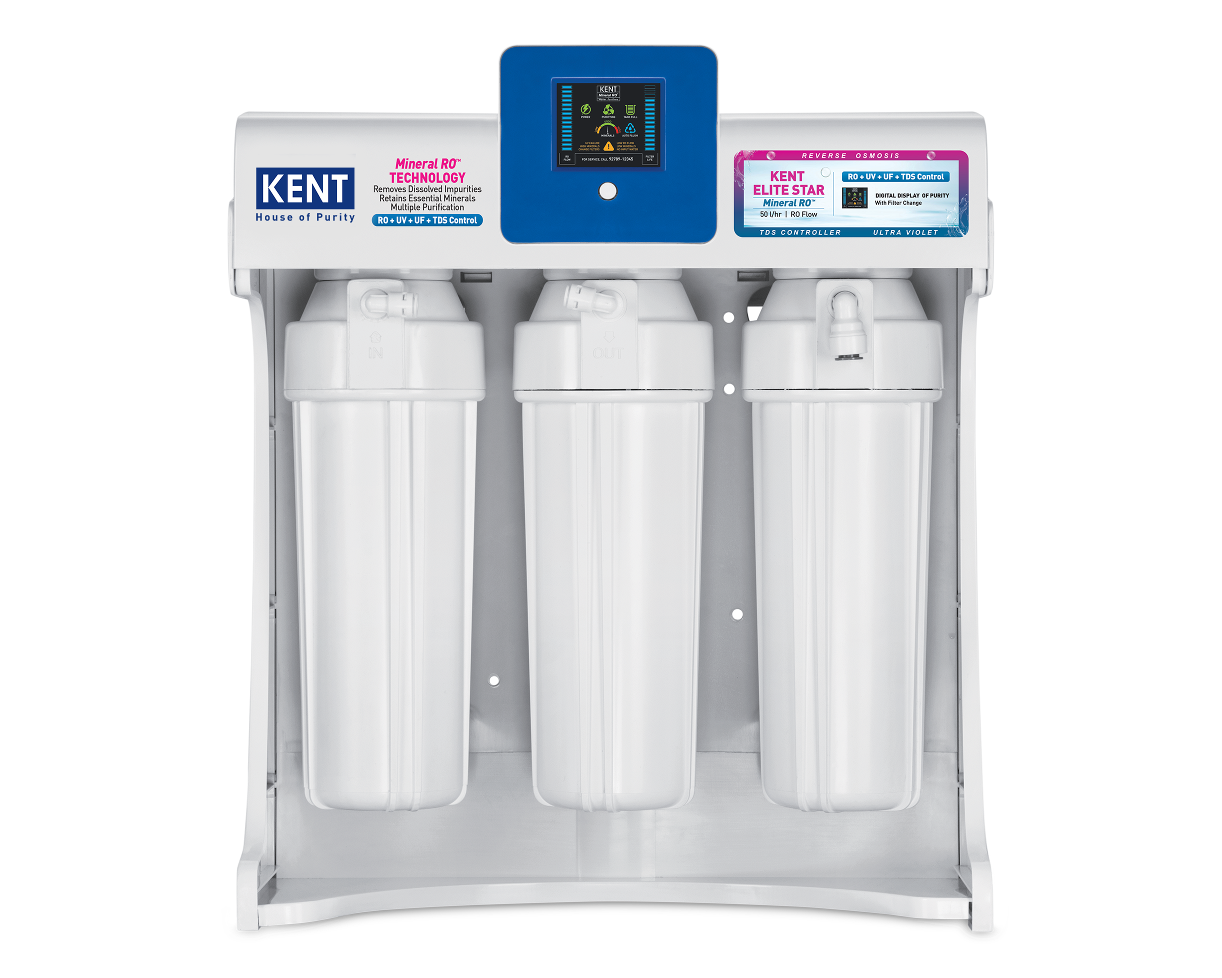 Kent Elite Star water purifier from Kent RO Systems with sleek design and digital display, shown in a modern kitchen setting.