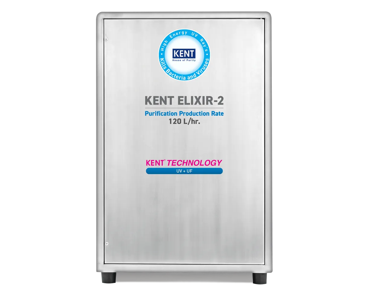 Kent Elixir 2 Commercial RO Water Purifier from Kent RO Systems, showing the sleek white unit with control panel and filtered water outlet.