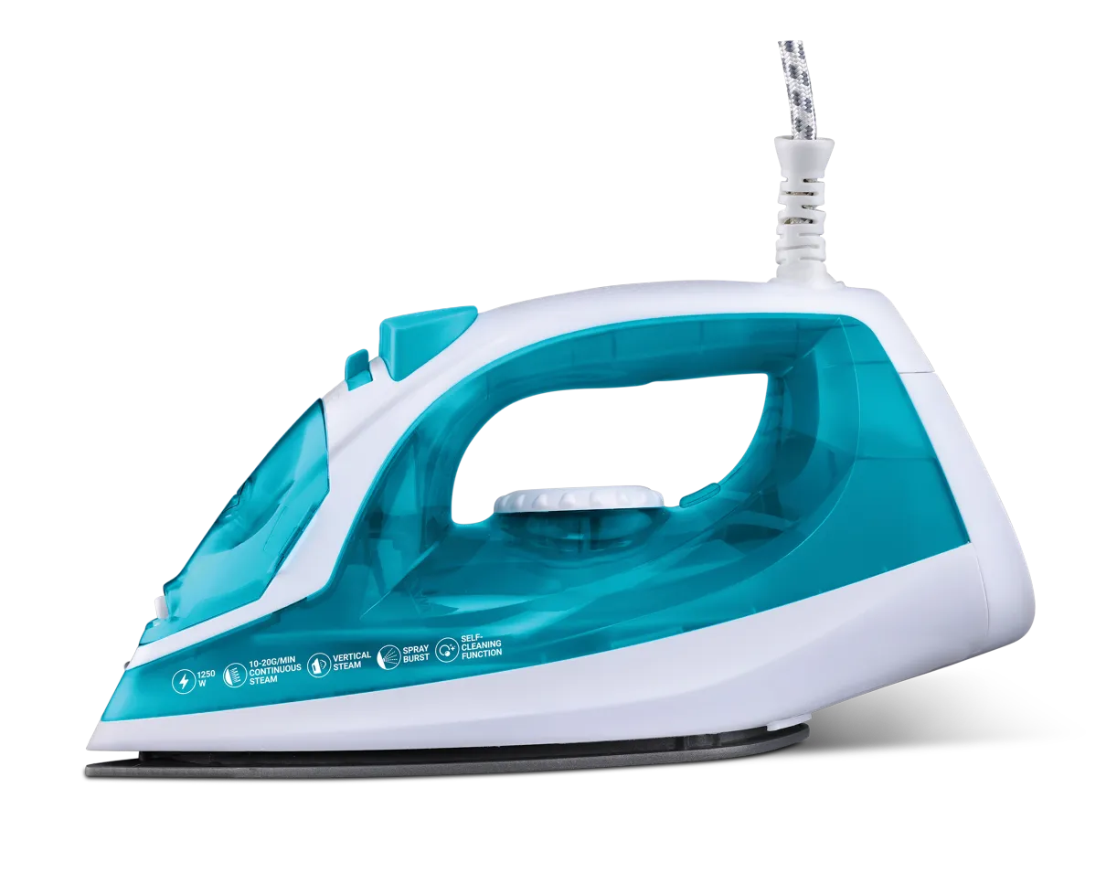 Kent Glide 1250 W steam iron with a white and blue body, featuring a pointed soleplate and steam vents for efficient ironing.