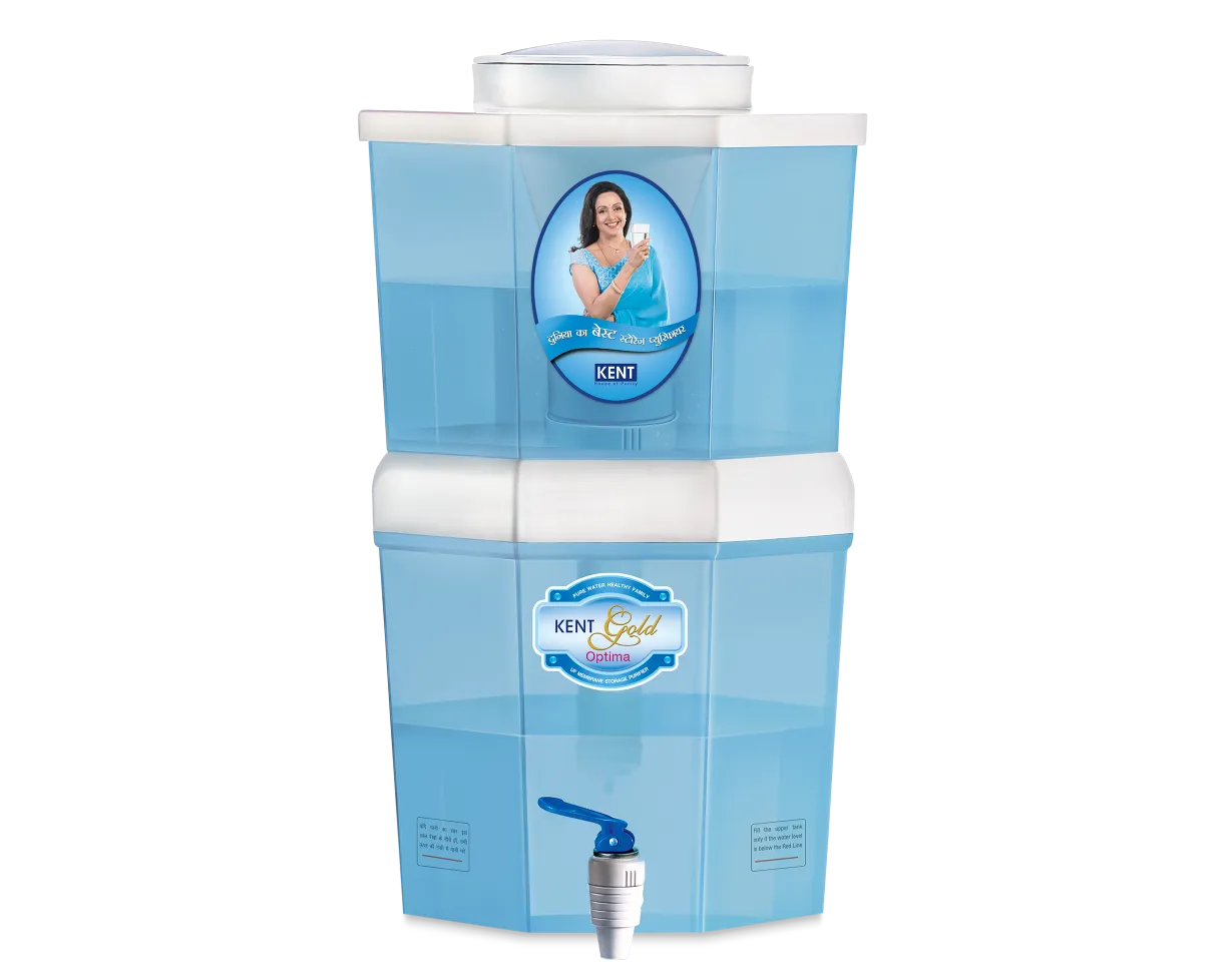 Kent Gold Optima gravity water purifier from Kent RO Systems, showing the sleek white unit with water outlet and control panel.