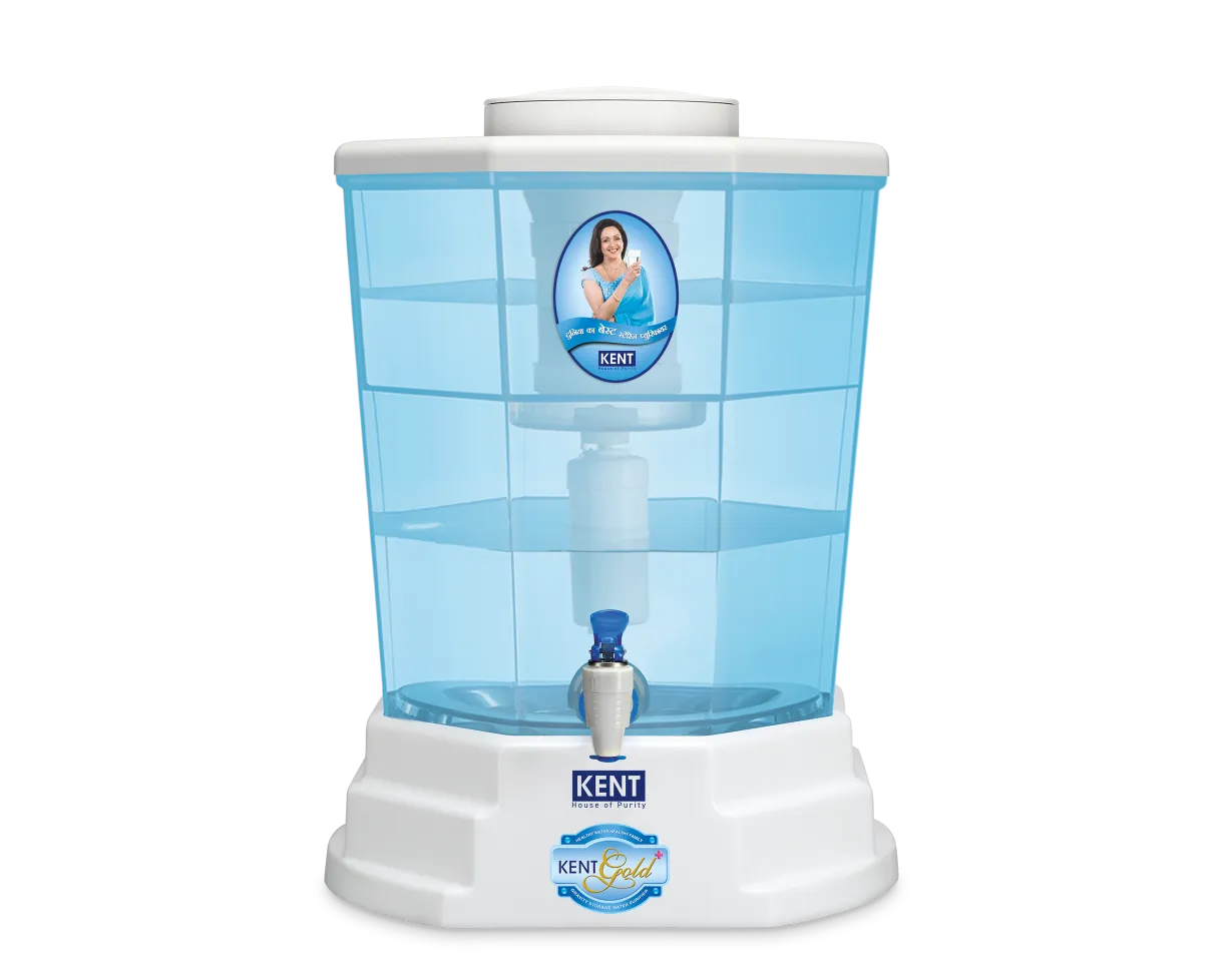 Kent Gold Plus gravity water purifier with clear water reservoir and filtration components for clean drinking water.