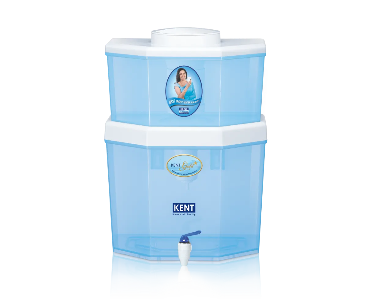 Kent Gold Star Gravity Water Purifier showing the sleek white and blue unit with the water storage tank and filtration components.