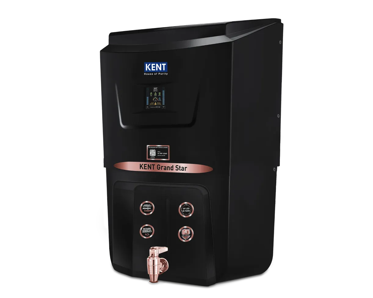 Kent Grand Star reverse osmosis water purifier with sleek design and digital display for clean drinking water.