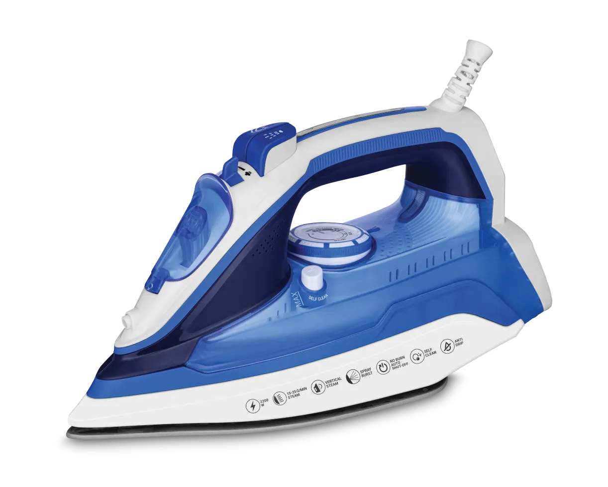 Kent Luxe 2200W steam iron with a blue and white design, featuring a stainless steel soleplate and ergonomic handle.