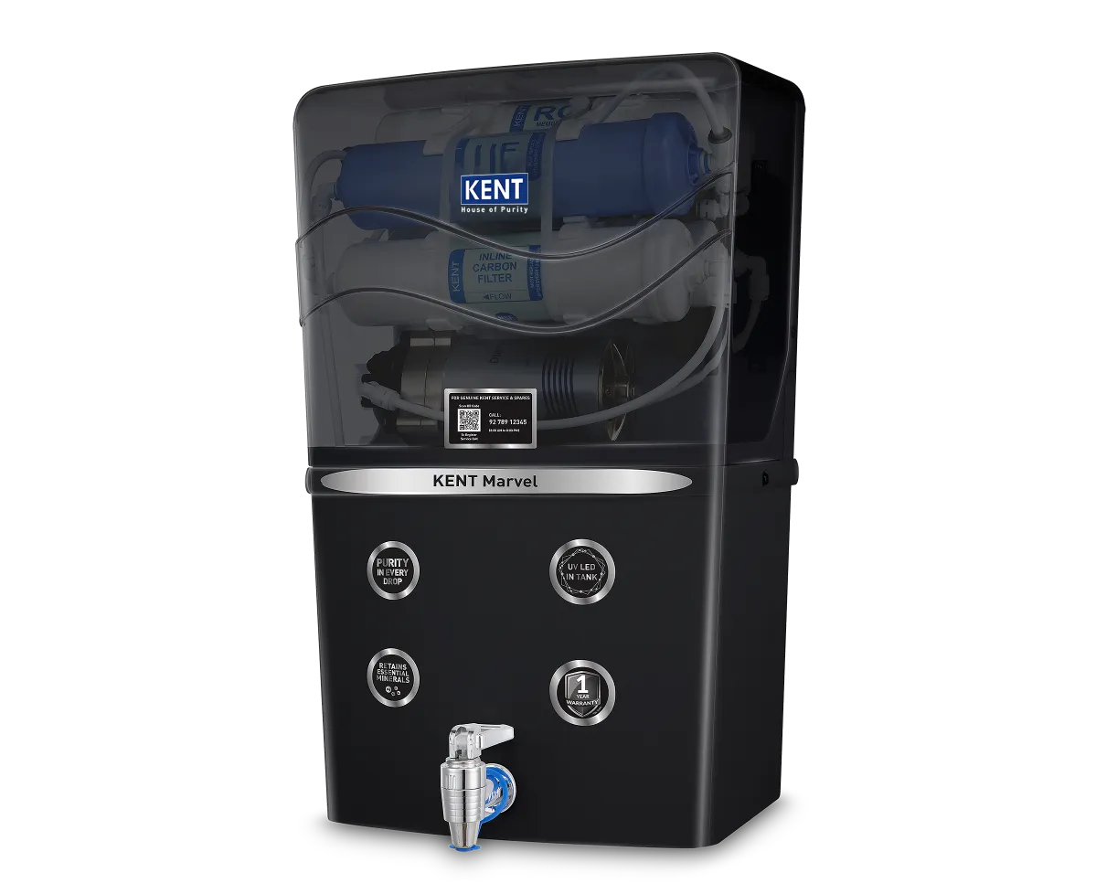 Kent Marvel RO Water Purifier in white with digital display and faucet for clean, purified drinking water.