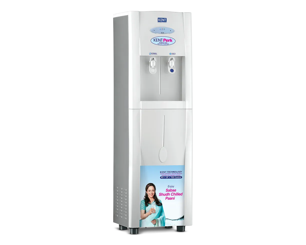 Kent Perk RO Water Purifier from Kent RO Systems, featuring a sleek design with a water dispensing tap and clear water tank.