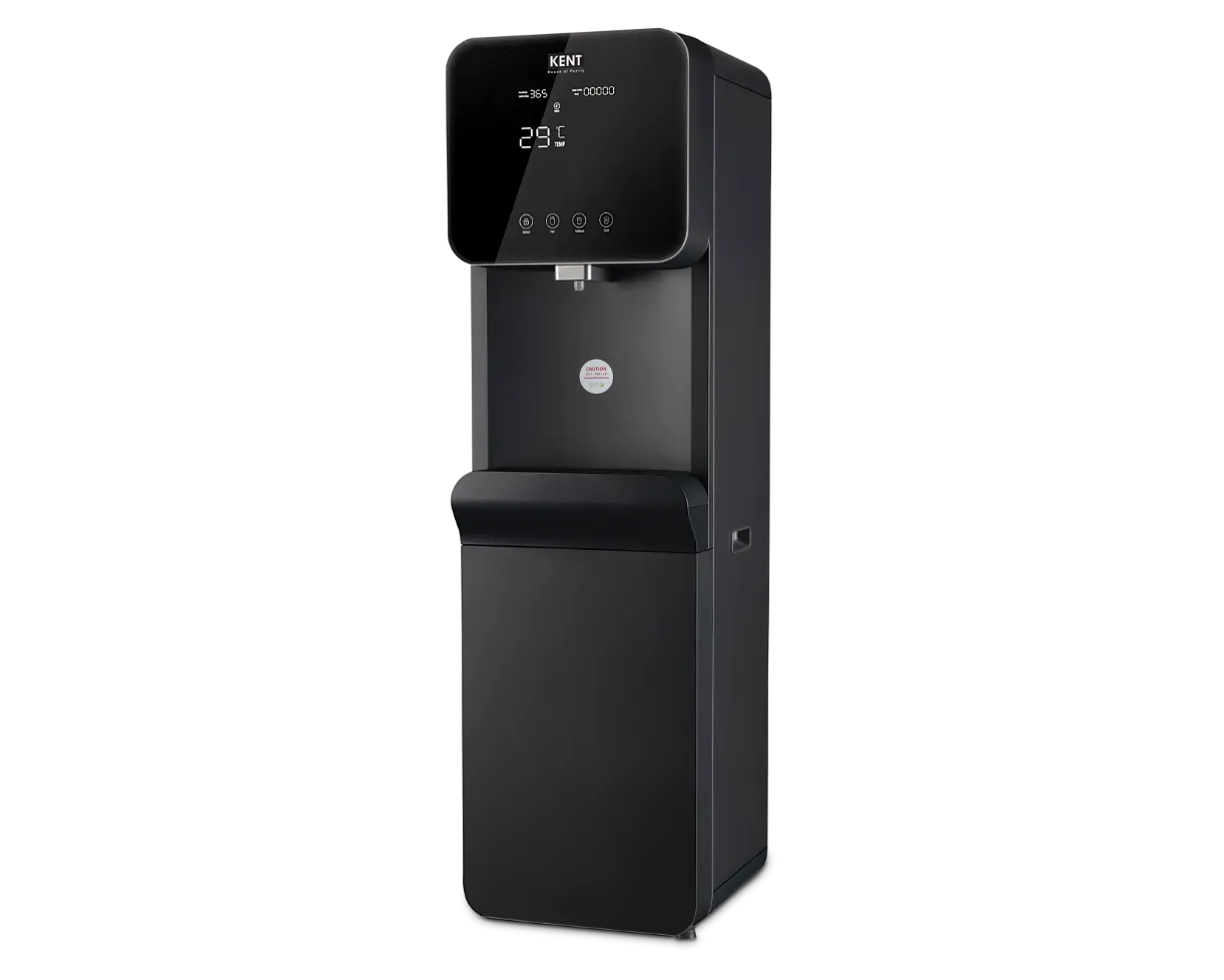 Kent Perk Star hot and cold water dispenser with built-in RO purifier and digital display, showcasing the sleek, modern design.