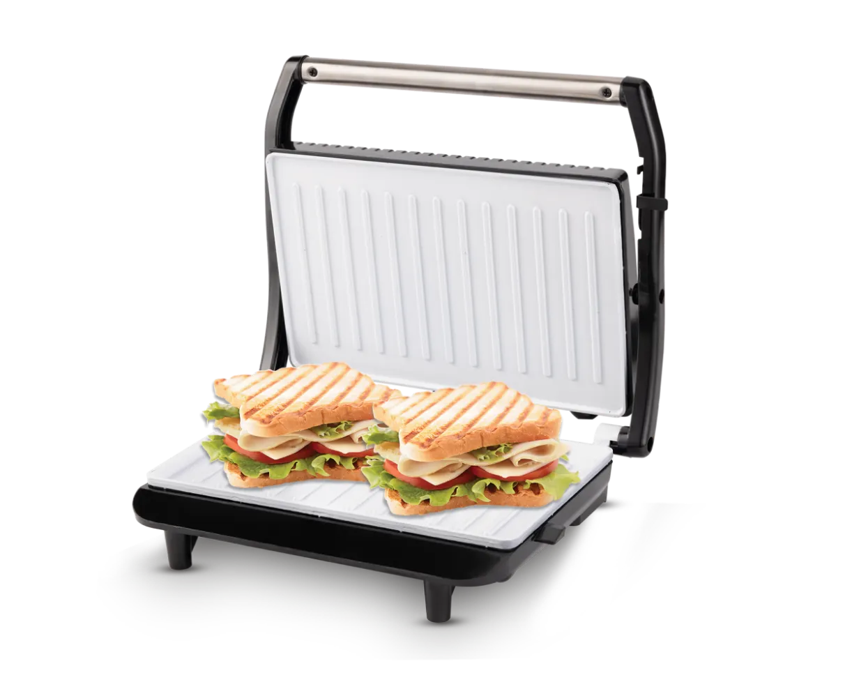 Kent Sandwich Grill by Kent RO Systems showing non-stick plates and adjustable temperature control in a modern kitchen setting.