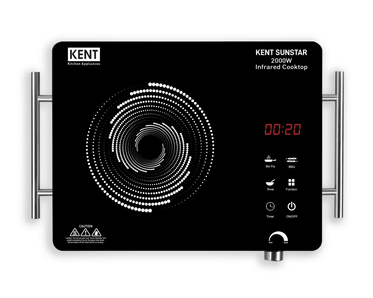 Kent Sunstar Infrared Cooktop with black glass surface, control panel, and heating element for efficient cooking.