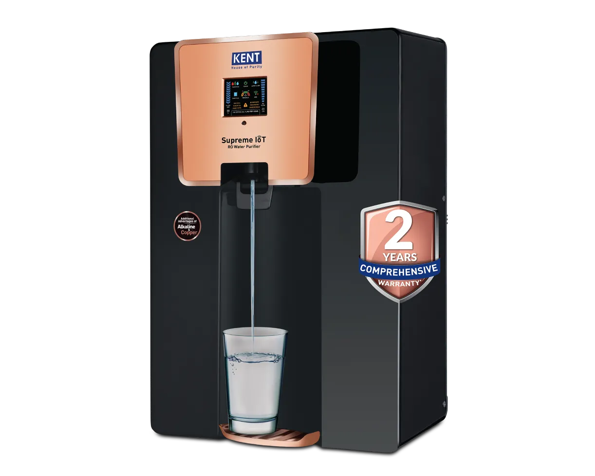 KENT Supreme IoT 2Y RO+UF+UV+Alkaline+Copper+TDS Water Purifier — KENT Supreme IoT 2Y RO water purifier with digital display