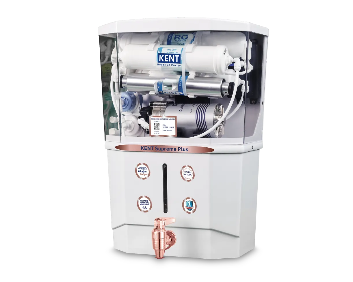 Kent Supreme Plus water purifier from Kent RO Systems with a sleek design and digital display, shown in the product image.