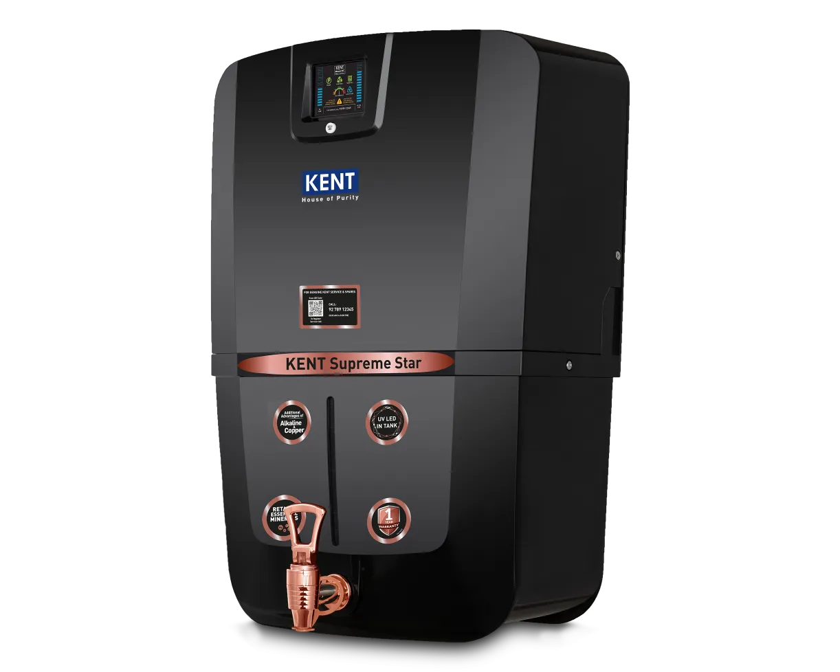 Kent Supreme Star RO Water Purifier with sleek design and digital display, featuring multiple filtration stages for clean drinking water.