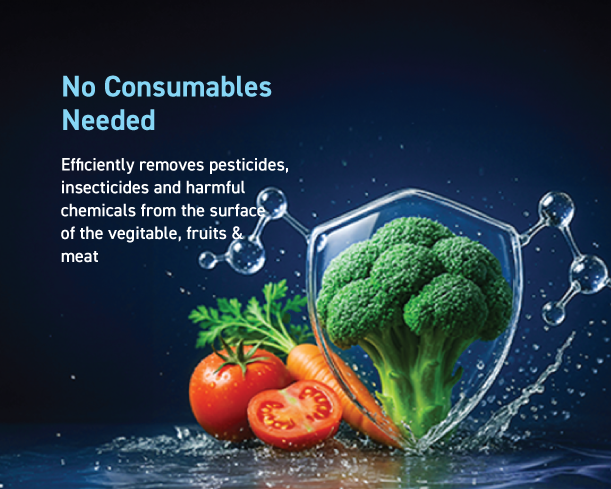 Kent Ultima Vegetable Cleaner from Kent RO Systems, showing a kitchen countertop with fresh vegetables being cleaned in the device.