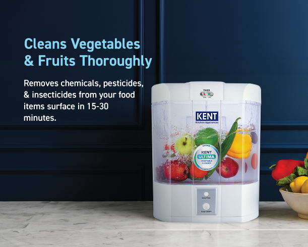 Kent Ultima Vegetable Cleaner from Kent RO Systems showing the device and its cleaning process for fresh produce.