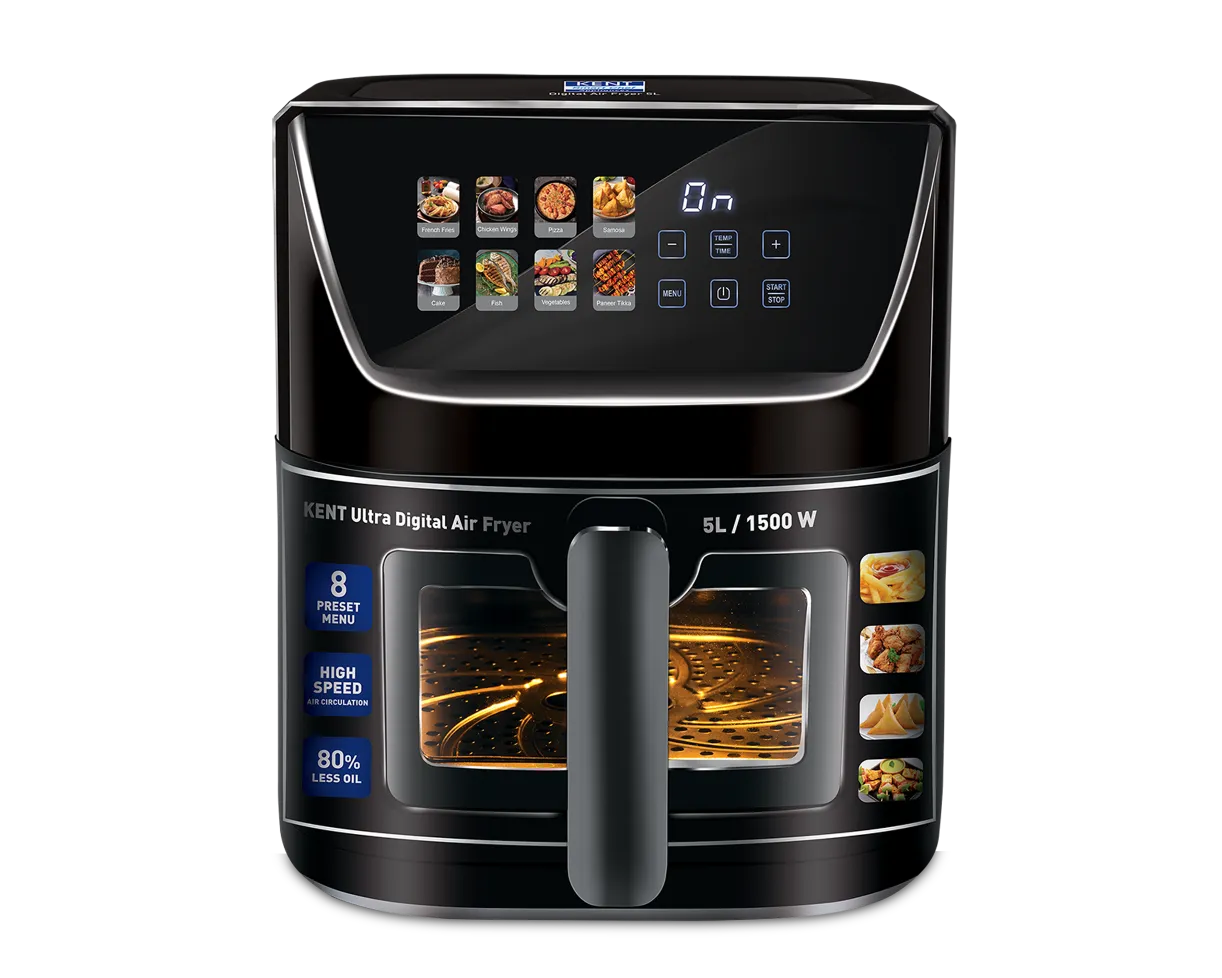 Kent Ultra Digital Air Fryer 5L, sleek black kitchen appliance with digital control panel and spacious 5-liter capacity.