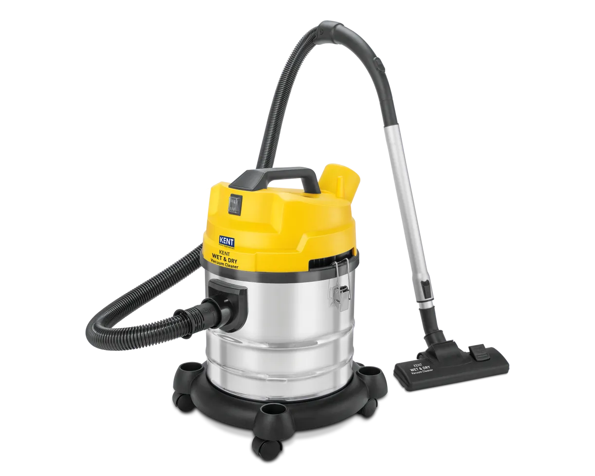 Kent Vortex Pro Wet and Dry Vacuum Cleaner showing a versatile appliance with a large dust container and cleaning attachments.