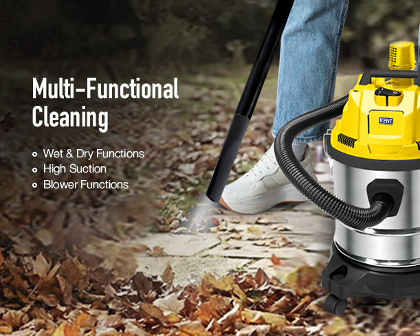 Kent Vortex Pro Wet and Dry Vacuum Cleaner showing a sleek, black and silver design with attachments on a clean floor.