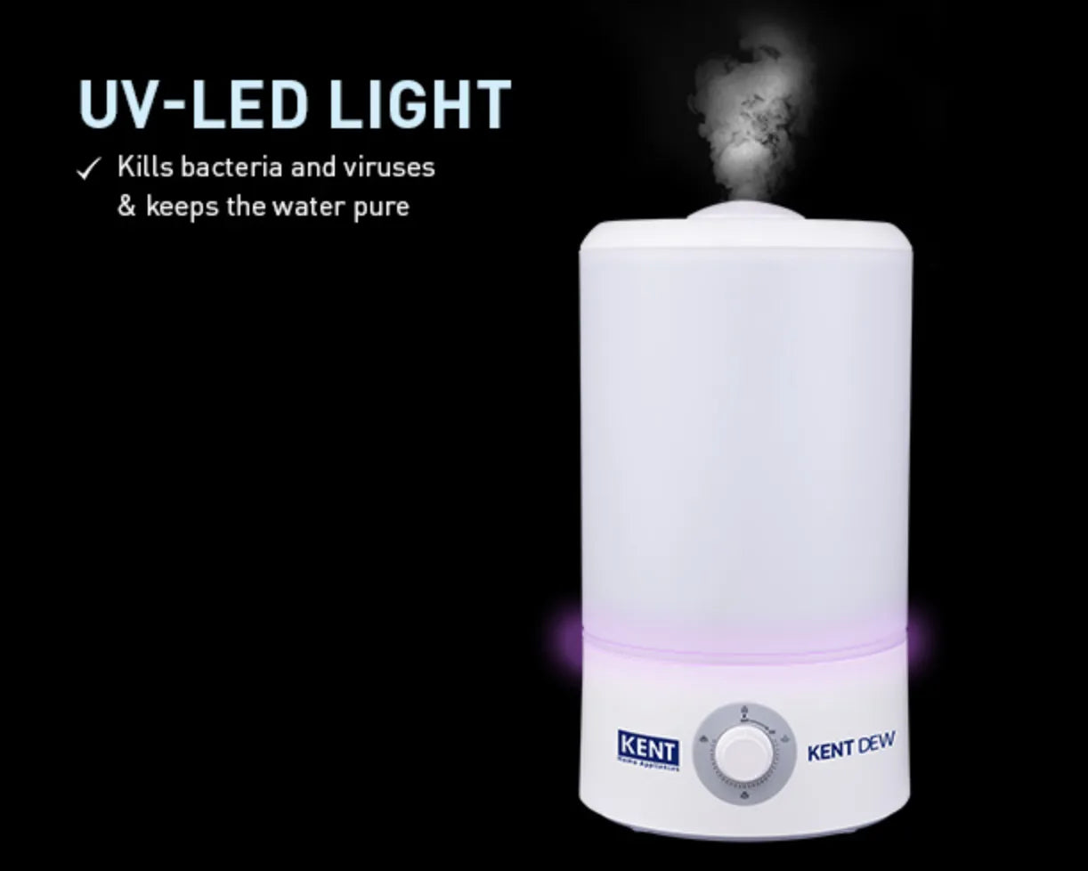 Kent Dew Ultrasonic Humidifier by Kent RO Systems, showing a sleek white humidifier with mist output on a modern table.