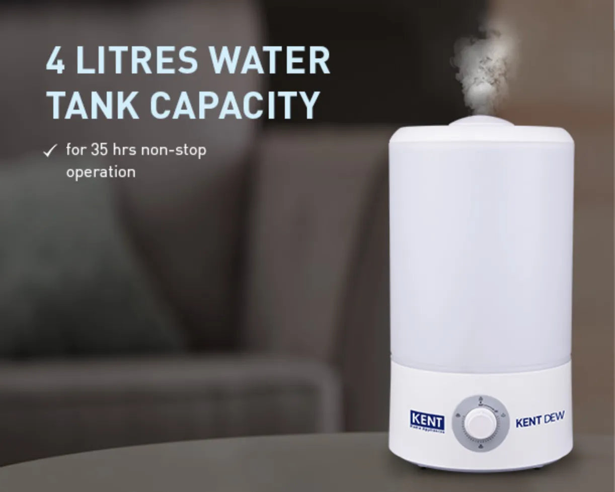 Kent Dew Ultrasonic Humidifier from Kent RO Systems shown with water tank and ultrasonic mist output in a home setting