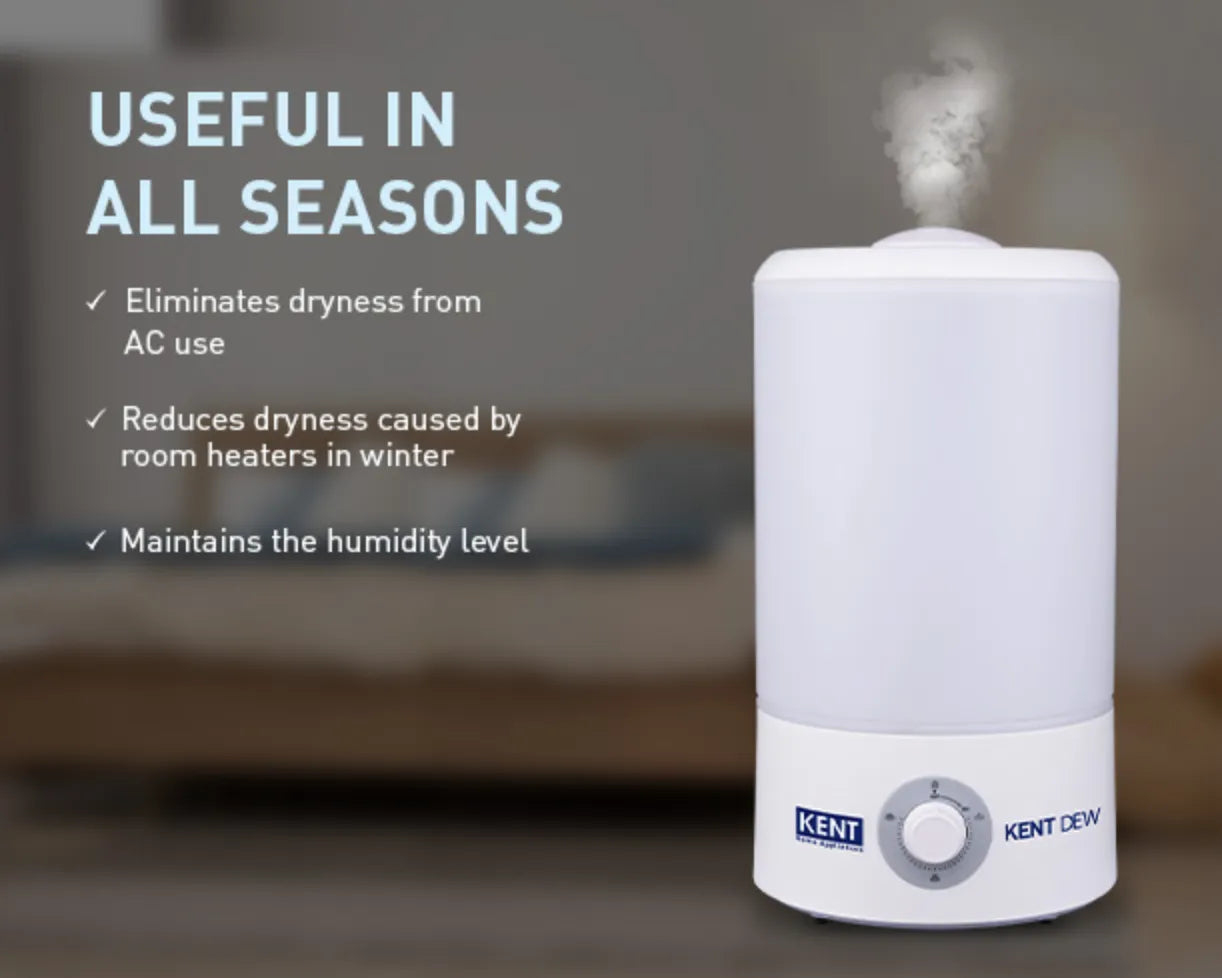 Kent Dew Ultrasonic Humidifier from Kent RO Systems, showing the compact device with water tank and control panel.