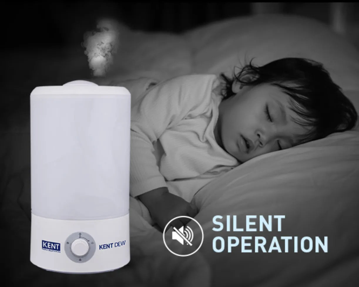 Kent Dew Ultrasonic Humidifier from Kent RO Systems shown, featuring a sleek white design with water tank and control panel.