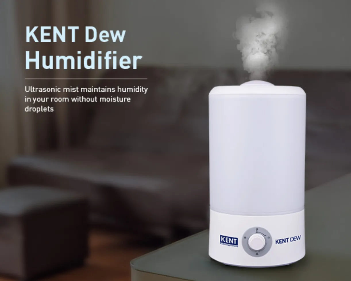 Kent Dew Ultrasonic Humidifier emitting mist, compact white device for room humidification by Kent RO Systems.
