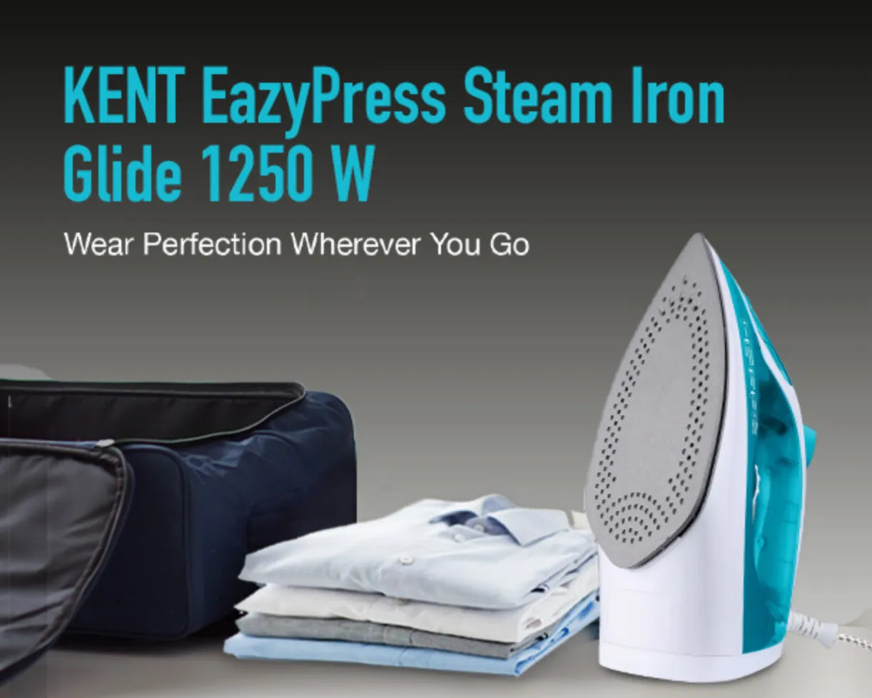 Kent Glide 1250 W steam iron with a sleek design, stainless steel soleplate, and ergonomic handle for easy ironing.