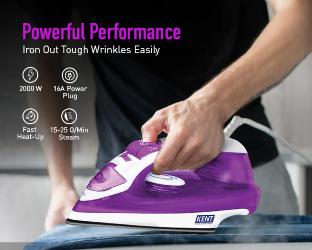 Kent Luxe 2000 W steam iron with a sleek design, adjustable temperature control, and a water spray feature for effective ironing.