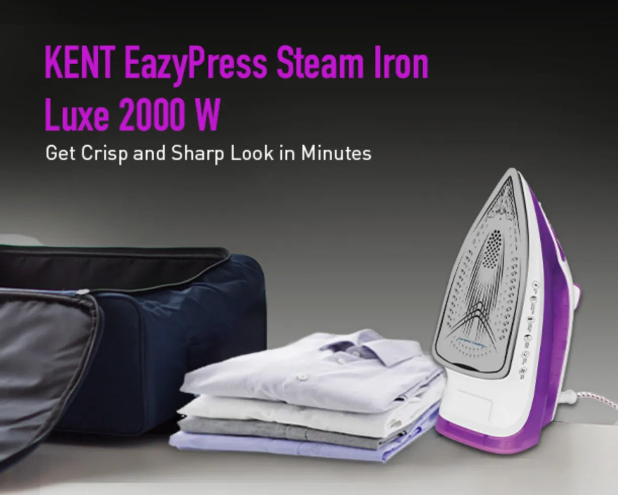 Kent Luxe 2000W steam iron with ergonomic handle and stainless steel soleplate, ready for effective ironing.