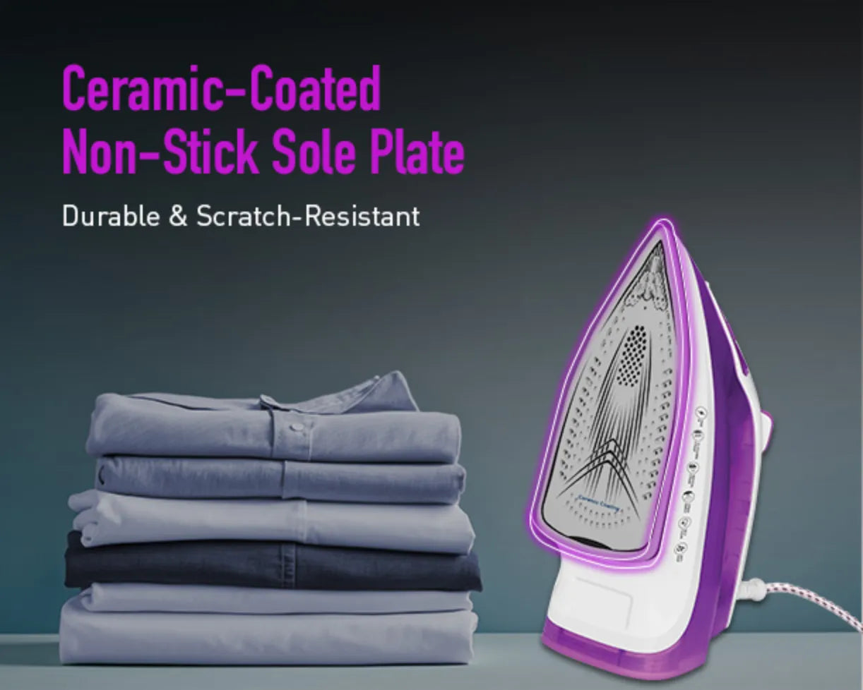 Kent Luxe 2000W steam iron with a white and blue body, featuring a ceramic soleplate and ergonomic handle for easy ironing.