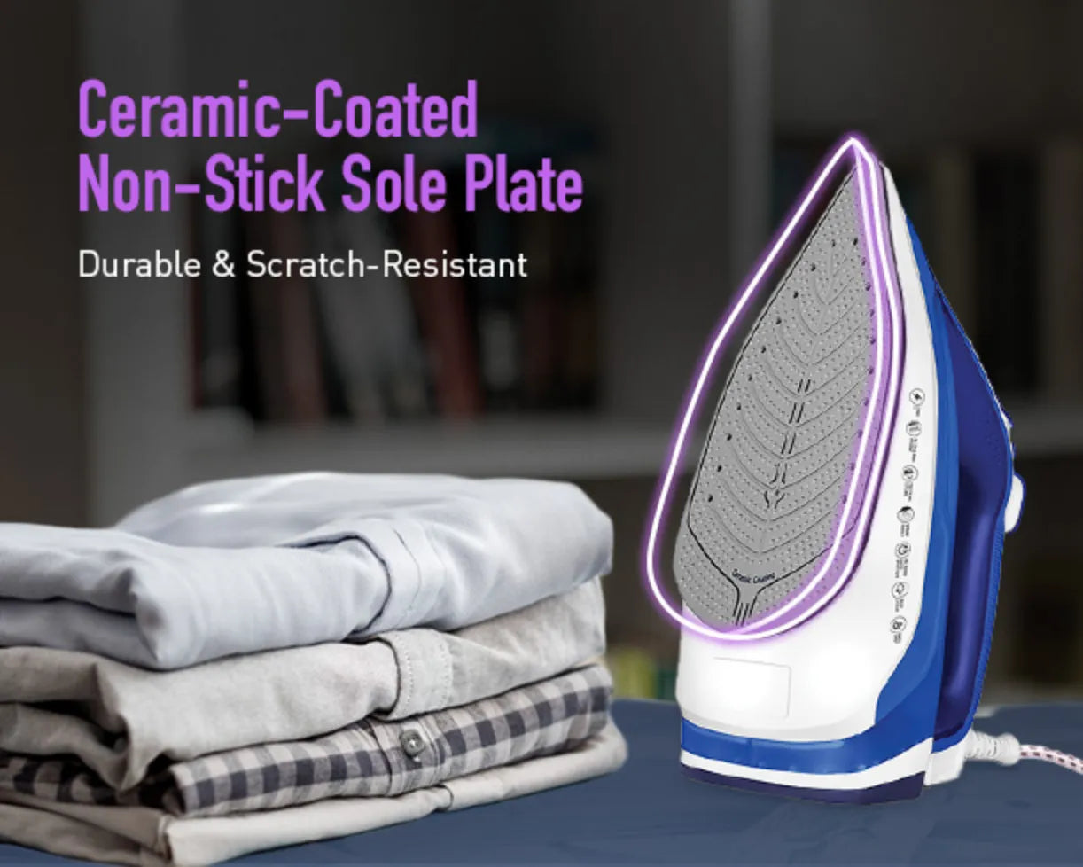 Kent Luxe 2200W steam iron with stainless steel soleplate and ergonomic handle, ready for vertical steaming and easy use.