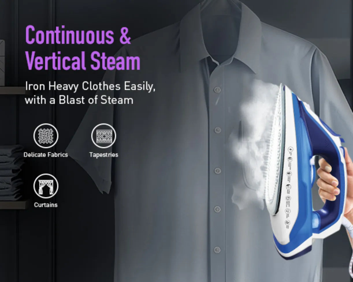 Kent Luxe 2200W steam iron with stainless steel soleplate, white and gray design, ready for wrinkle-free ironing.