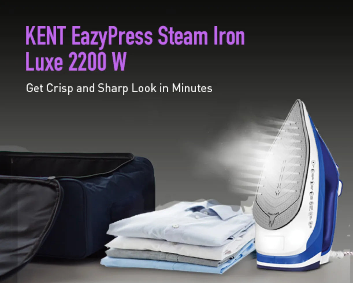 Kent Luxe 2200W steam iron with stainless steel soleplate and ergonomic handle, ready for smooth ironing.