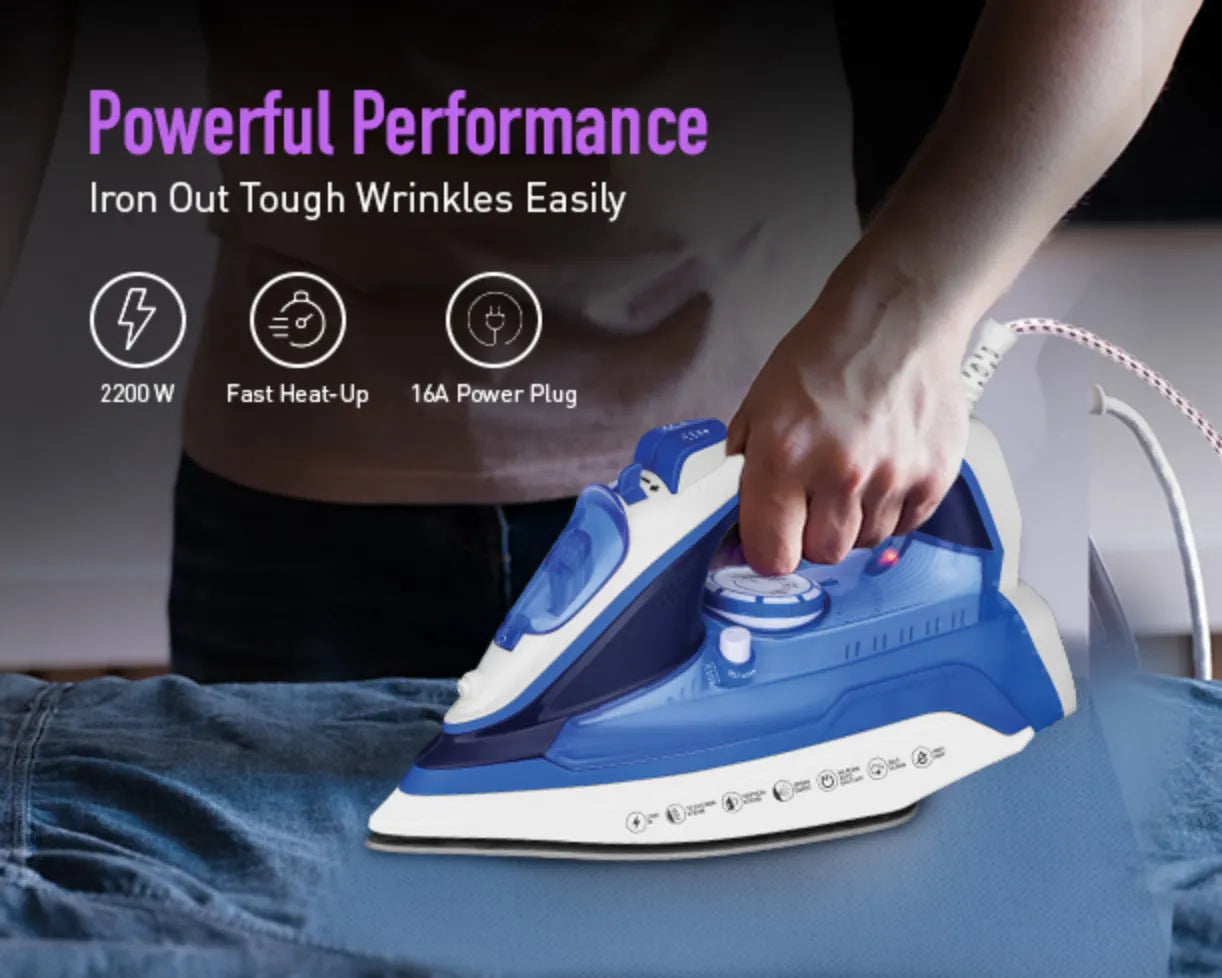 Kent Luxe 2200W steam iron with stainless steel soleplate and ergonomic handle for easy, efficient ironing.