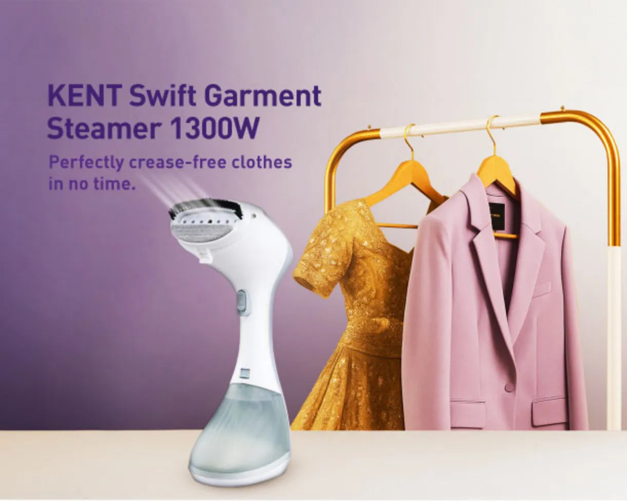 Kent Swift handheld garment steamer in white, with a sleek design, ready for quick and easy fabric steaming.