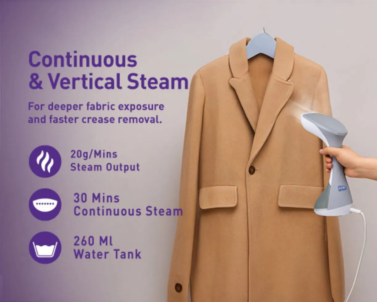 Kent Swift handheld garment steamer in white with a compact design, ready to remove wrinkles from clothes easily.