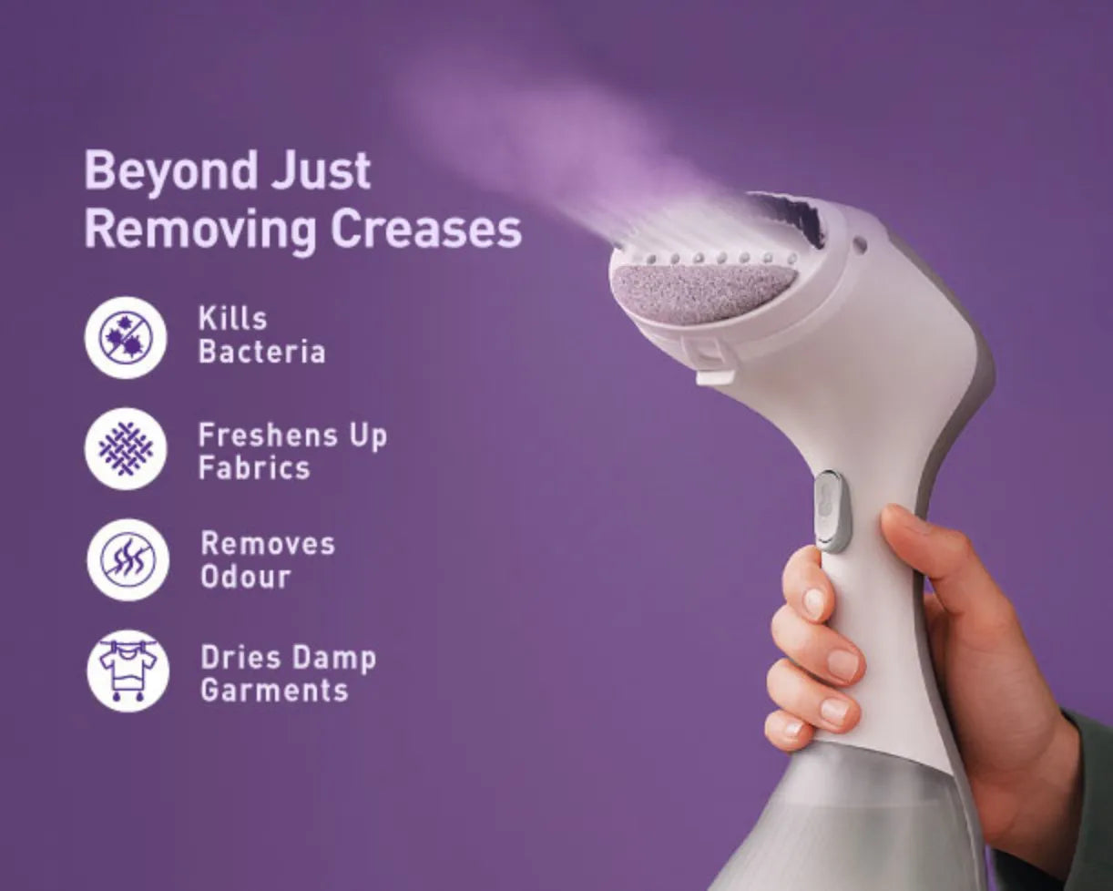 Kent Swift handheld garment steamer in white with a blue water tank, designed for quick and easy fabric steaming.