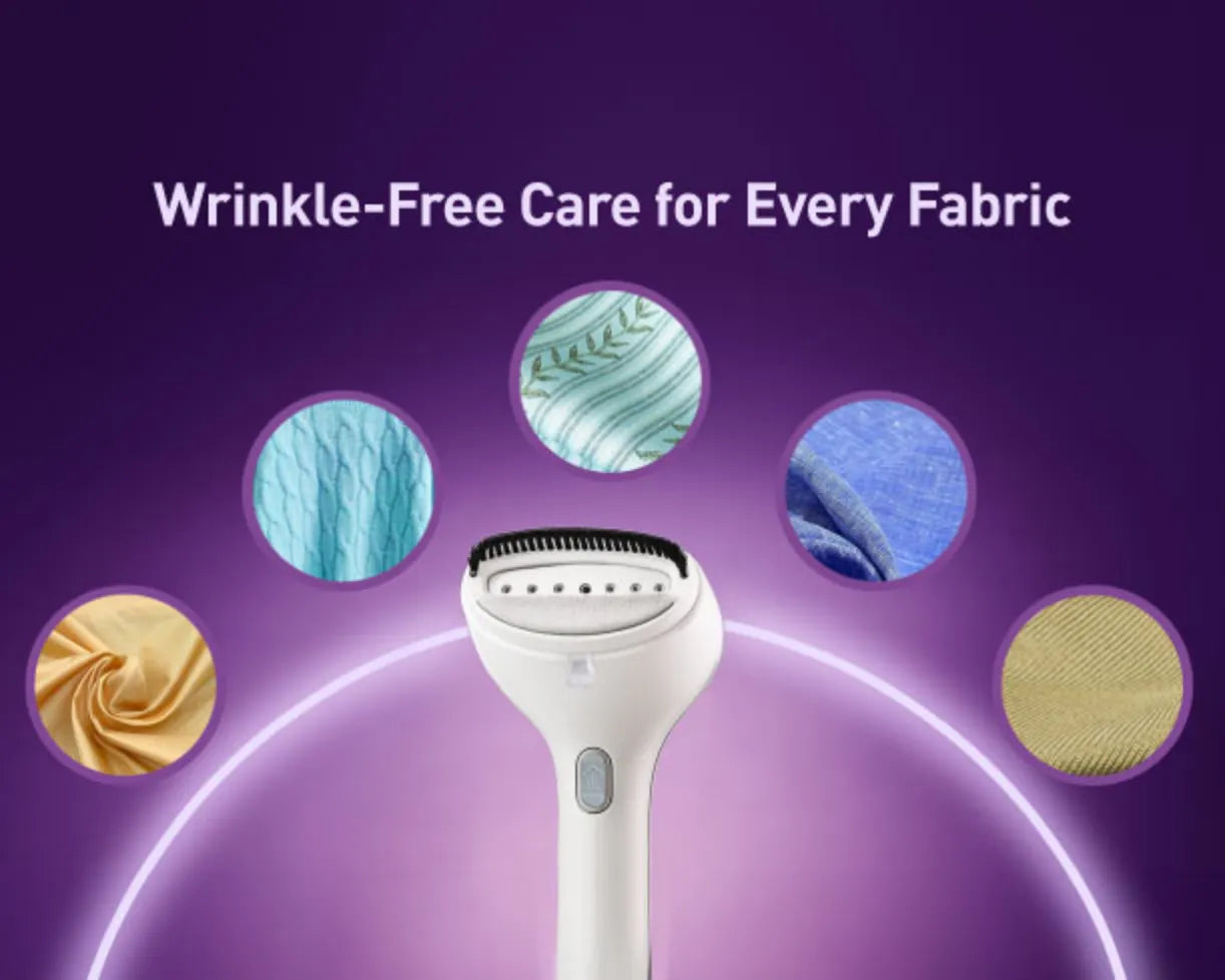 Kent Swift handheld garment steamer from Kent RO Systems, showing its compact design and steam nozzle in use.