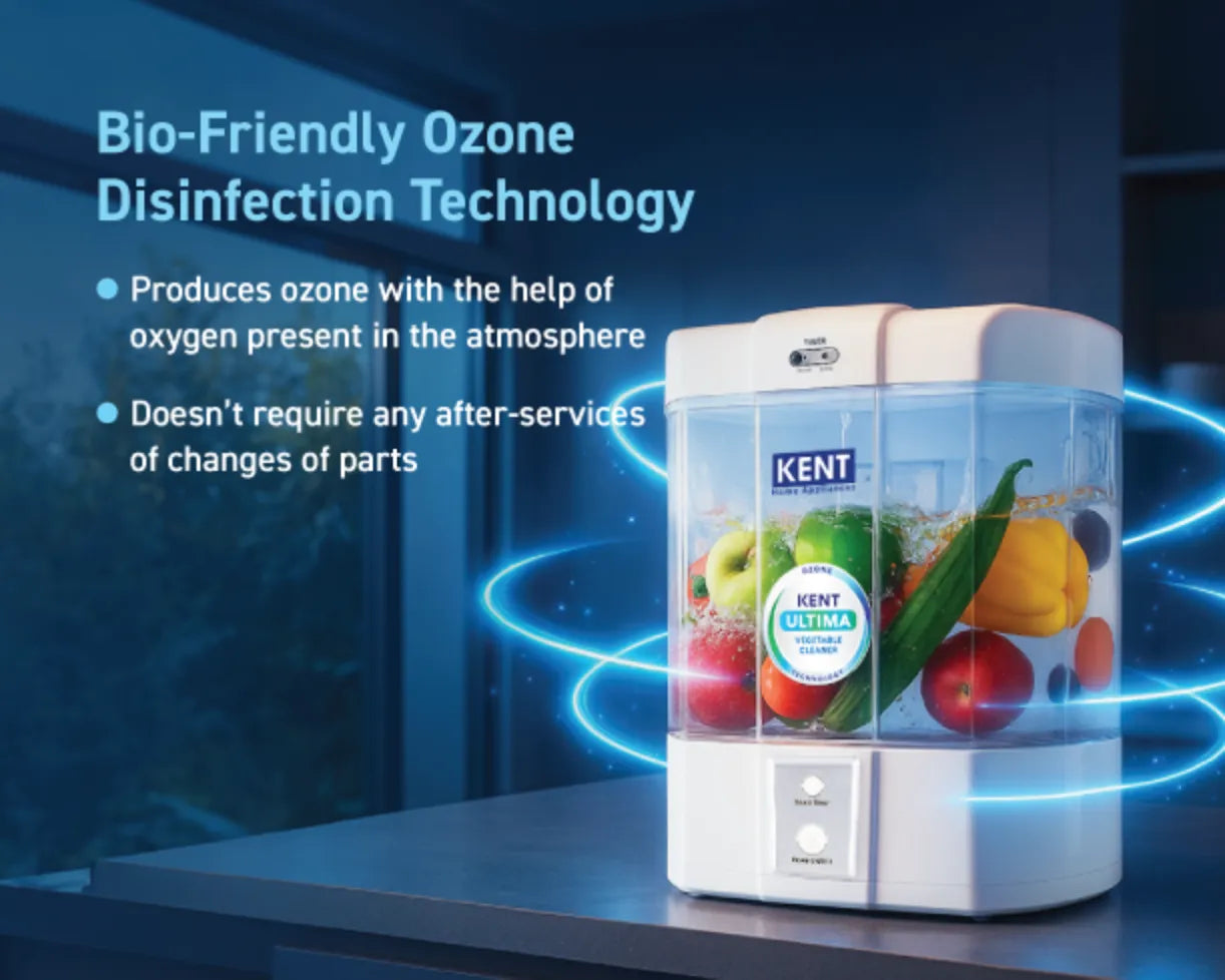 Kent Ultima Vegetable Cleaner from Kent RO Systems, showing the device with fresh vegetables being cleaned in a clear basin.