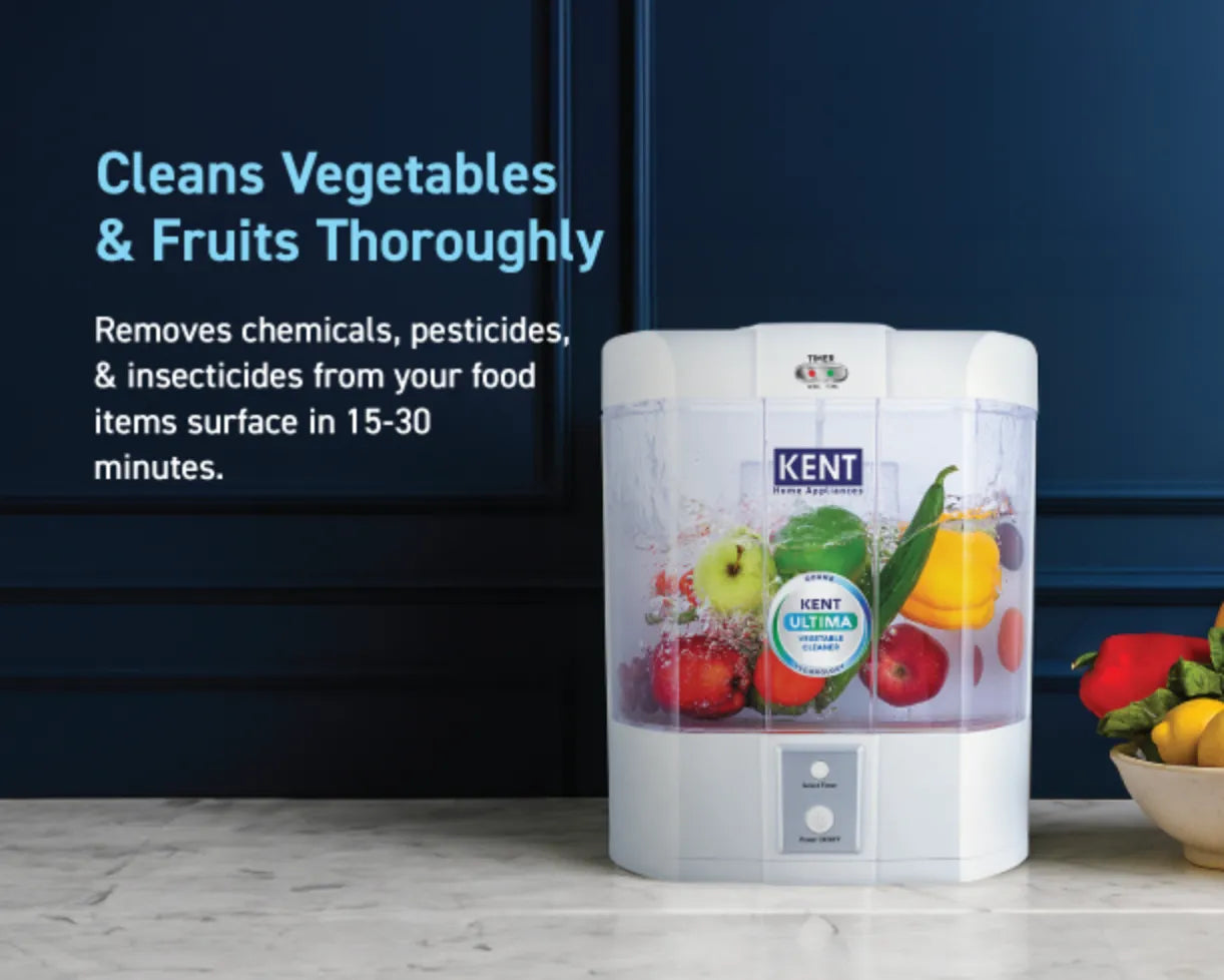 Kent Ultima Vegetable Cleaner from Kent RO Systems showing the device with vegetable cleaning basket and control panel.